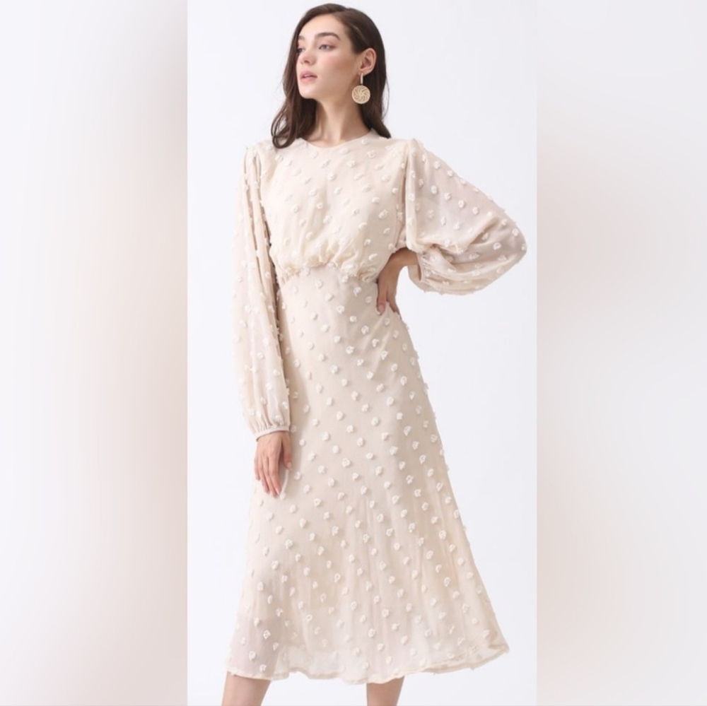 Chicwish Cream Swiss Dot Bishop Sleeve Midi Dress